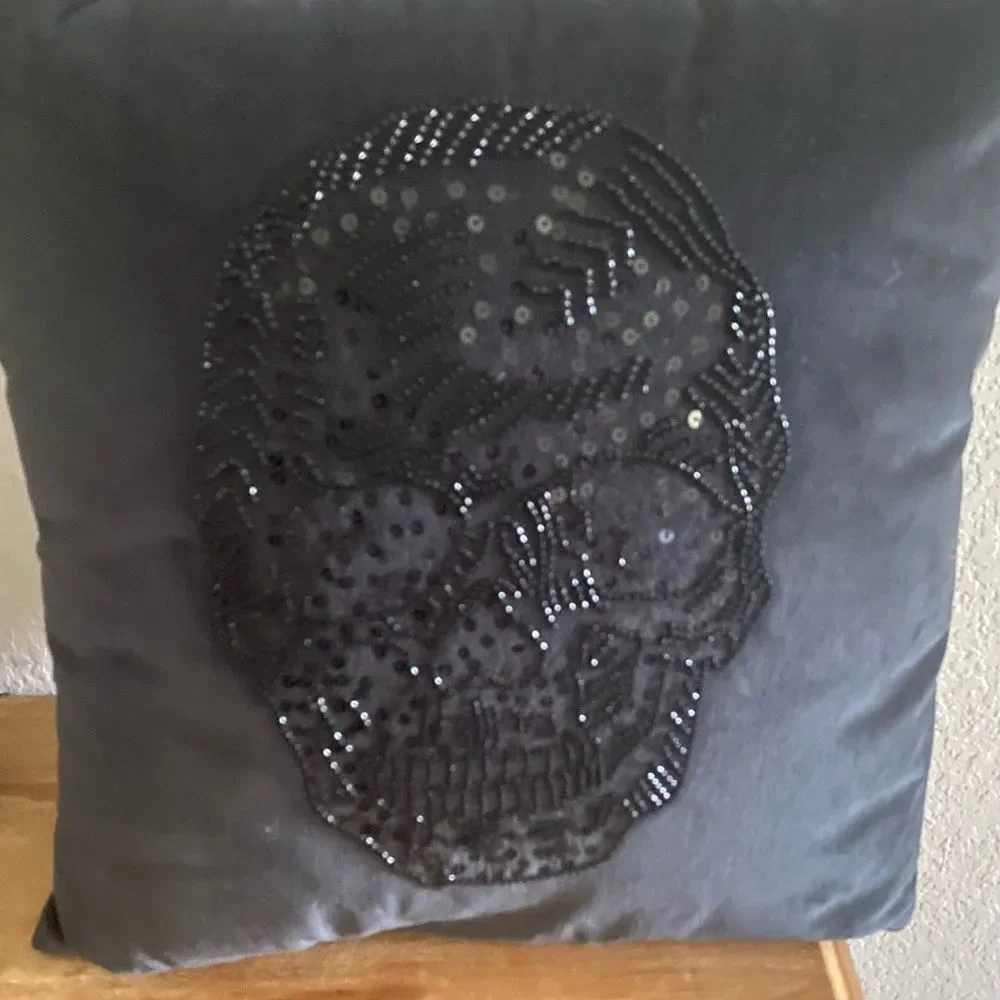 Threshold Black Velvet Decorative Pillow Sequin Beaded Skull Halloween Decor 18”
